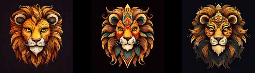 Obraz premium Three stylized lion heads, facing forward, with intricate details in their manes and faces.
