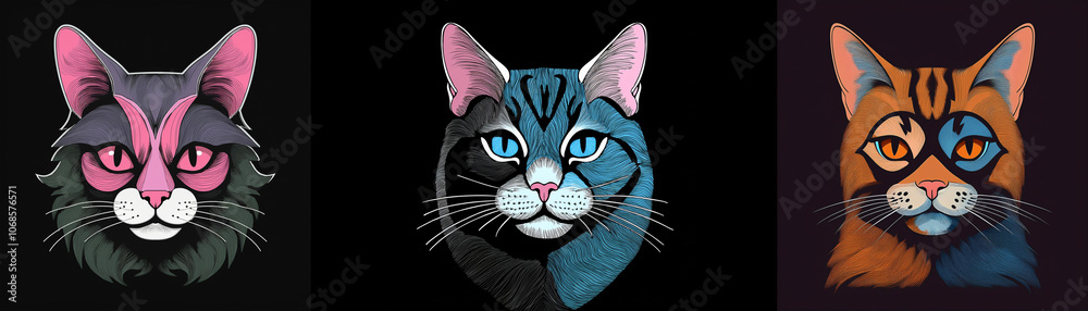 Poster three stylized cat heads, each with a different color scheme and bold, expressive eyes.