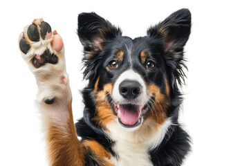 Fototapeta premium Happy bulldog waving its paw joyfully indoors