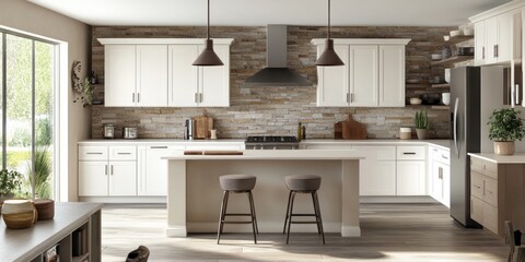 Modern Kitchen with White Cabinets, Stone Wall, and Island Seating
