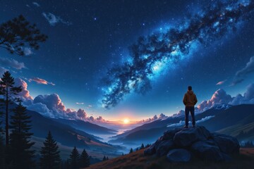 Fototapeta premium Awe-Inspiring Night Sky Over Mountain Range: Stargazing Adventure for Wall Art and Desktop Backgrounds