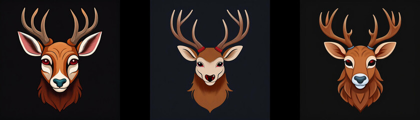 Three deer heads with antlers in various poses against a dark background.