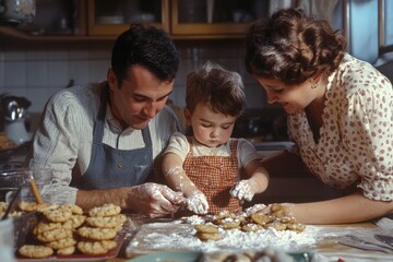 Happy family making cookies in the kitchen, enjoying quality time together