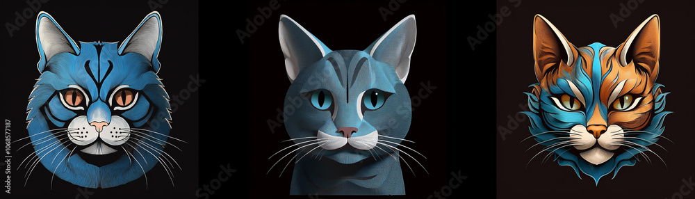 Poster Three cat heads are shown, each with a unique blue and brown color pattern.