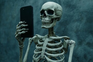 Skeleton holding smartphone in bony hand, highlighting themes of mortality, technology, and modern life