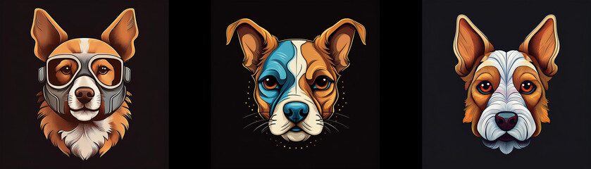 Three dog portraits with different expressions and features.