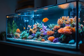 Naklejka na ściany i meble Beautiful saltwater aquarium with colorful corals and an orange fish swimming peacefully
