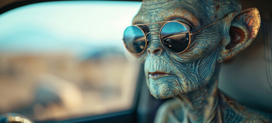 An alien figure with distinct features and sunglasses sits inside a vehicle, looking out at a beautiful outdoor view under bright daylight