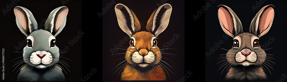 Poster Three rabbits with different colored fur are facing forward with their whiskers visible.