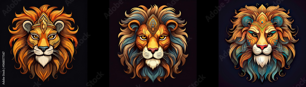 Poster three lion heads with ornate manes in different colors. the lions are facing forward and have a seri