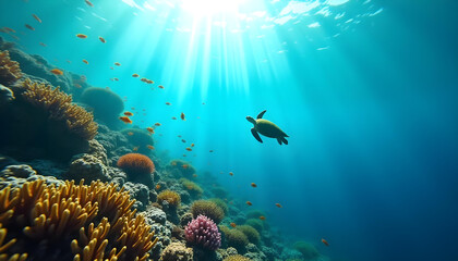 Naklejka premium Scuba Diving Tortoise Turtle in a Tropical Ocean Diver Exploring Coral Reefs Snorkeling with Fish
