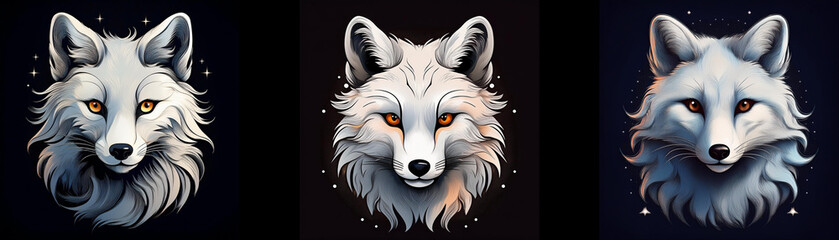 Obraz premium Three white fox heads with amber eyes on a dark background.