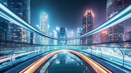 Fototapeta premium Futuristic city with glowing lights and a curved walkway.