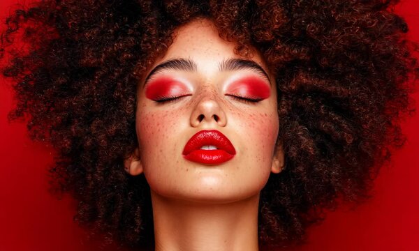 Stunning red makeup tutorial featuring vibrant eyeshadow and bold lips on model
