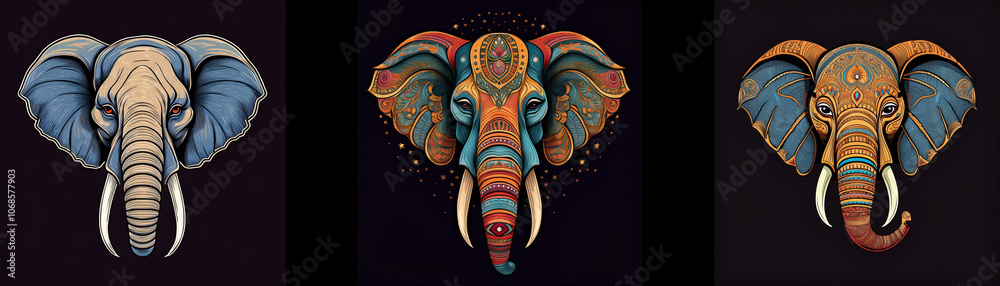 Poster Three elephant heads with different styles, one plain, one with geometric patterns, and one with tribal designs.