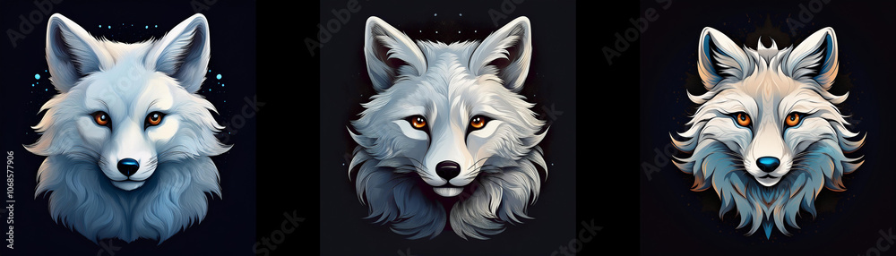 Poster three white fox heads with different colored fur are facing forward against a black background.