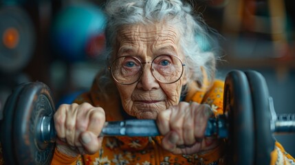 An elderly woman is engaged in a weightlifting session at a gym, demonstrating her commitment to fitness and resilience. Her focused expression highlights her strength