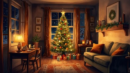Cozy Christmas Spirit in a Warm Living Room Illustration