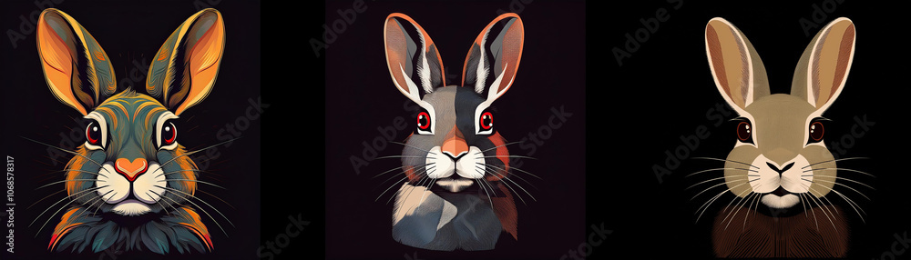 Aufkleber three rabbit illustrations in various colors with a dark background