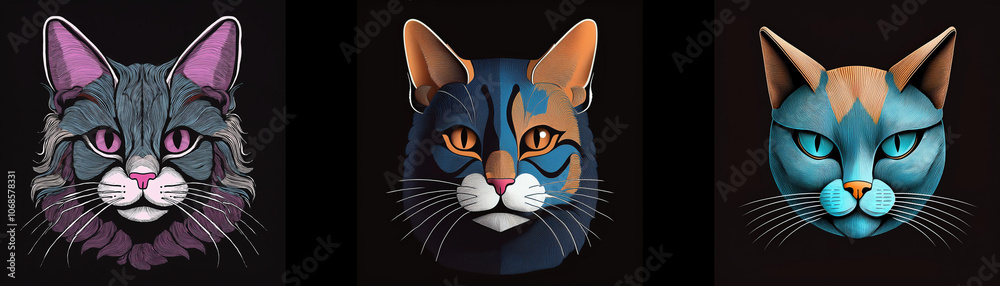 Poster Three stylized cat portraits, each with a unique color scheme and expression.