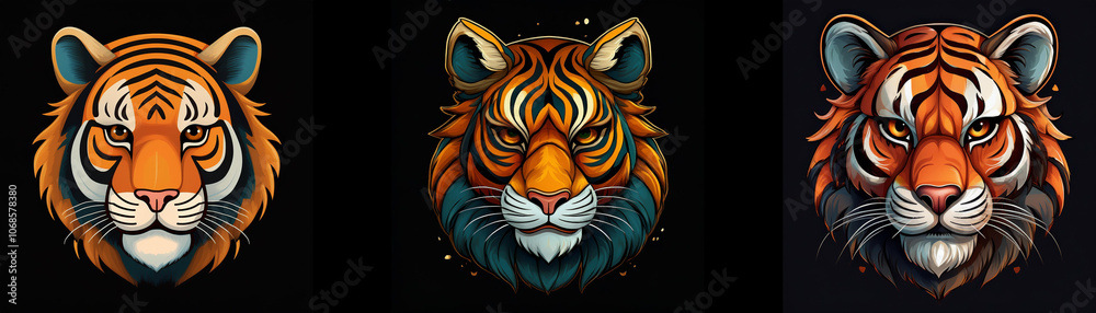 Aufkleber three tiger heads are displayed against a black background. each head features a unique color palett