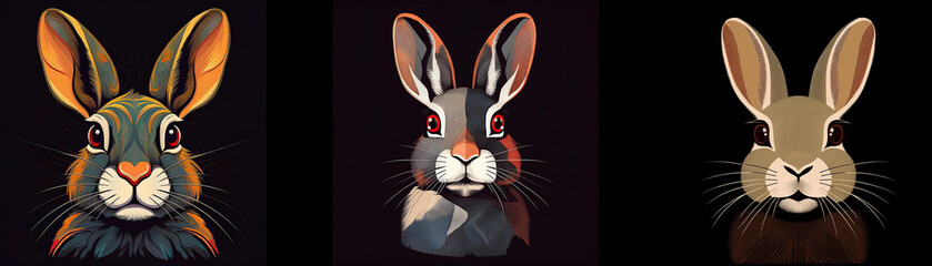 Fototapeta premium Three rabbit illustrations in various colors with a dark background