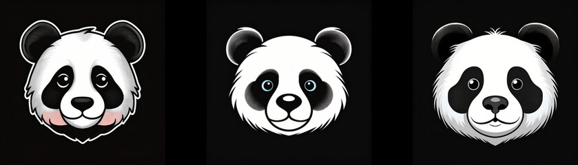 Fototapeta premium Three panda bear faces are depicted against a black background. The pandas have black eyes, ears, and markings around their eyes.