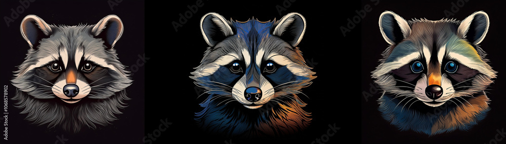 Aufkleber three raccoons with different colored fur are looking directly at the viewer.