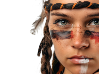portrait of a native american woman with painted face isolated on white or transparent png