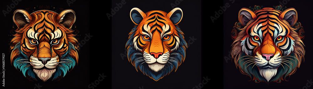 Poster Three tiger portraits with various color schemes and stylistic elements, all set against a black background.