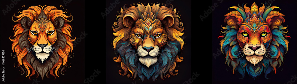 Aufkleber three ornate lion heads with different colors and patterns.