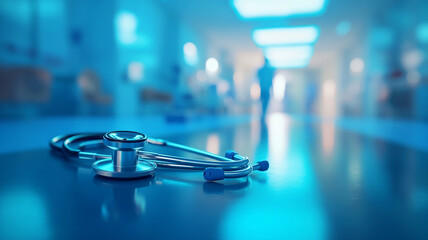 A stethoscope on a hospital table with blurred healthcare professionals in the background