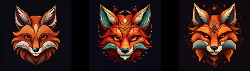 Naklejka premium Three detailed fox heads are presented in a dark background, each with varying stylistic details, but all with a fierce expression.