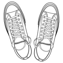 Set of hand drawn sneakers, gym shoes, top view. Image in different views - front, back, top, side, sole and 3d view. Doodle vector illustration.