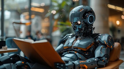 A sleek robot is engrossed in reading a book while seated in a contemporary space filled with greenery and soft lighting