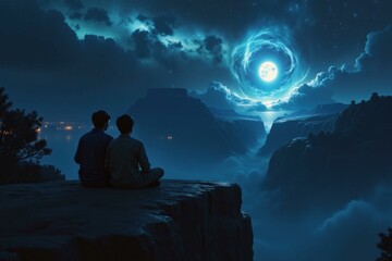 Fototapeta premium Mystical Night Sky Meditation: Couple in Serene Blue Canyon Under Celestial Swirl, Perfect for Spiritual and Relaxing Wall Art