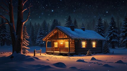 Fototapeta premium Cozy Winter Cabin Under Starry Night Sky