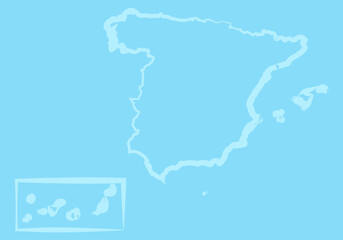 Trazado de la silueta del mapa del territorio español. Mapa de España, Canarias y Baleares en trazo azul claro sobre fondo azul