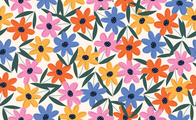 Fototapeta premium Wildflowers flower vector seamless pattern. Floral background with hand drawn field spring daisy. Modern Abstract Botanical contemporary retro pattern. Fashionable 60s - 70s template.