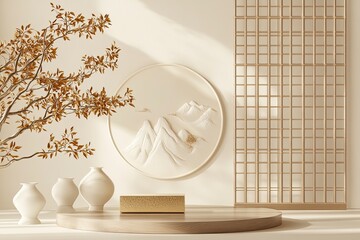 3d chinese object collection isolated on beige background. Including doors, traditional window frame, golden leaves branch, ceramic white mountains, round stage, and gold ingot.with generative ai