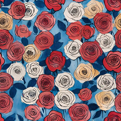 vibrant botanical ıllustration of multicolored roses on blue background