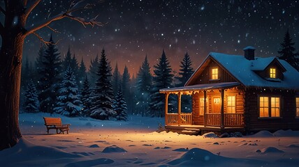 Fototapeta premium Cozy Cabin in Winter Under Starry Night Sky