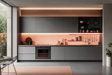 Modern Kitchen with Gray Cabinets, Pink Backsplash, and a Rug