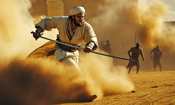 A Warrior Fends Off Attackers in a Desert Battle