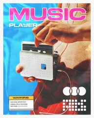 Creative design. Classic 90s-style poster with portable music player against male body, with bold,...