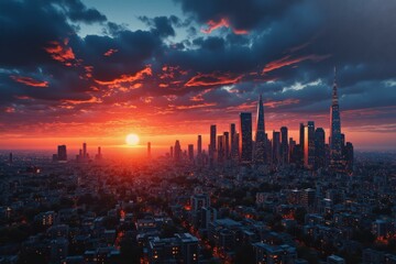 Fototapeta premium Vibrant Sunset Over Tokyo Skyline: A Mesmerizing Cityscape for Wall Art and Home Decor