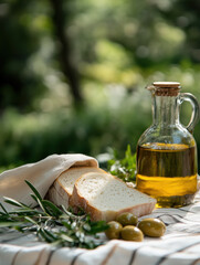 Obraz premium Sliced white bread with olive oil in a bottle