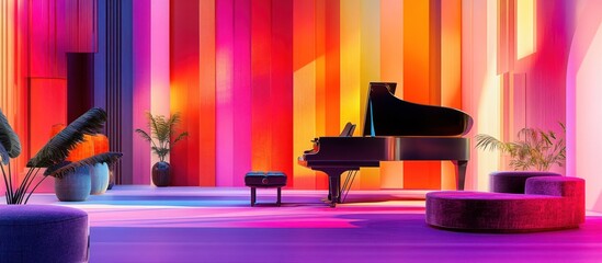 A black grand piano in a room with colorful walls and furniture.