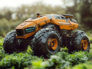 Obraz premium 3D Illustration - Futuristic Orange Rover Exploring Lush Green Field