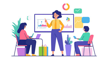 A woman in a casual business outfit pointing at a digital chart on a smartboard while coworkers take notes and ask questions 